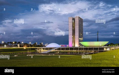 Architectural Landmark National Congress Building At Dusk In Brasilia