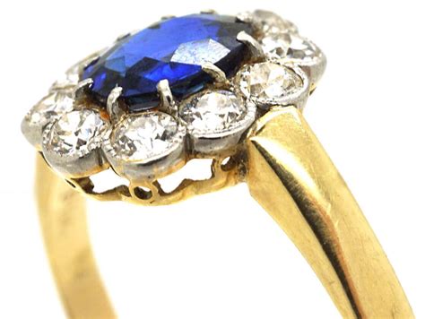 Edwardian 18ct Gold Platinum Sapphire Diamond Oval Cluster Ring