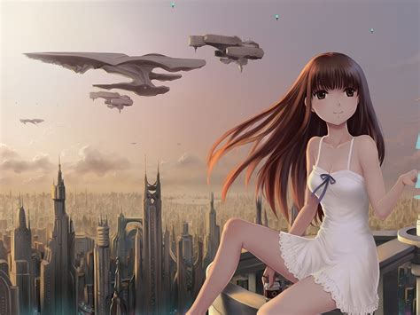 Brunettes Clouds Cityscapes Dress Futuristic Long Hair Brown