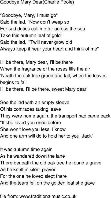 Old Time Song Lyrics Goodbye Mary Dear