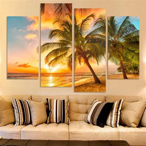 Piece Sunset Seascape Canvas Painting Coconut Tree Beach Modern Wall