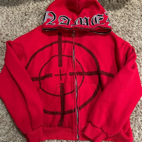 Red Named Collective Zip Up Hoodie Jeweled Red Depop