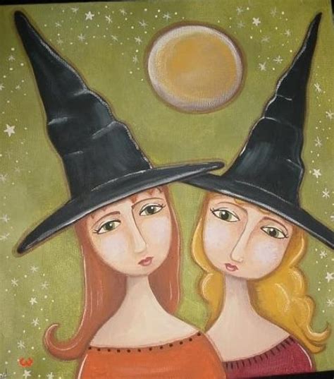 Witches Primitive Folk Art Painting Witch Art Primitive Folk Art