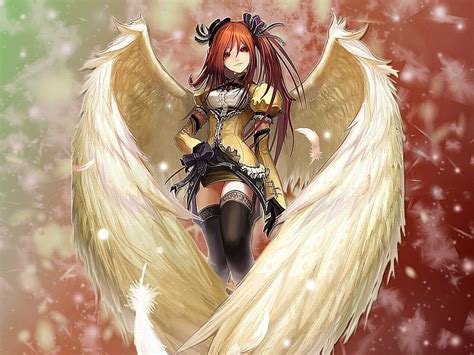 날개 일러스트 소녀 갈색 머리 날개 미소 공간 빨간 머리 여성 애니메이션 캐릭터 Hd 배경 화면 Wallpaperbetter