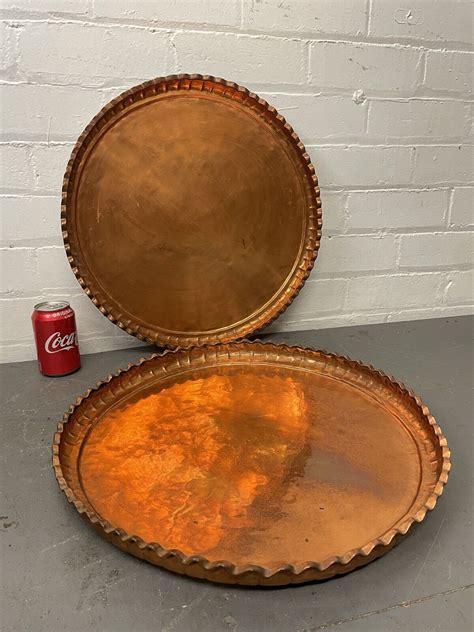 Pair Large Persian Qajar Copper Serving Trays Scalloped Edge Middle