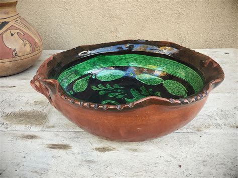 Vintage Mexican Pottery Bowl Patamban Green Glaze Rustic Decor