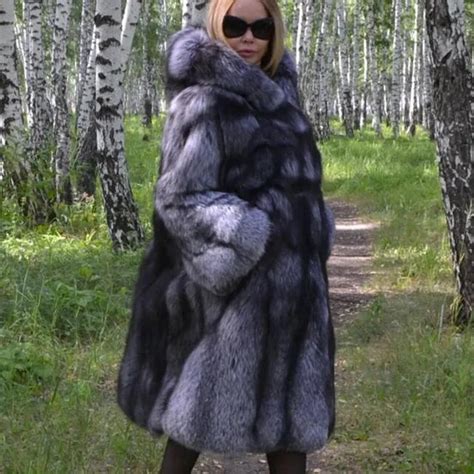 Furealux Super Long Real Silver Fox Fur Coat With Hood For Female Thick