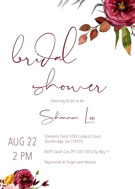 Fall Bridal Shower Invitation Printable Burgundy Floral Etsy
