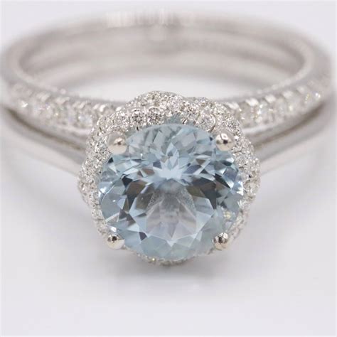 2 Carat Aquamarine Engagment Rings Set With Double Diamond Braided Halo