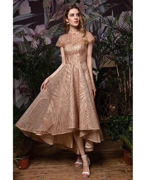 Vintage Sparkly Rose Gold Sequins High Low Formal Dress With Cap