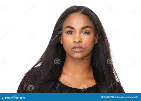 Portrait Of Young Woman With Beautiful Long Black Hair Stock Photo