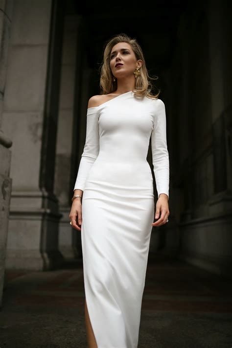 Rehearsal Dinner Bridal Dress White Long Sleeve One Shoulder Maxi Dress Solace London Net A