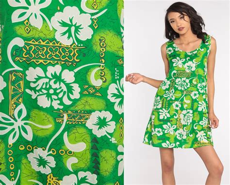 90s Floral Dress Green Hawaiian Tropical Mini Sundress Flower Print