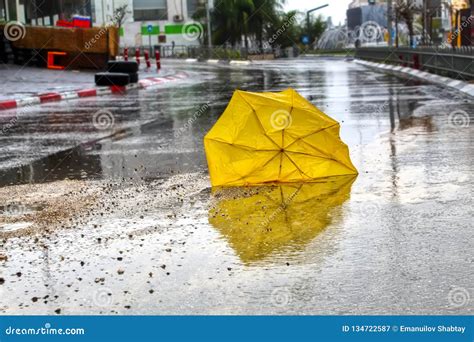 An Umbrella Broken By The Wind With Raindrops On The Wet Asphalt Road