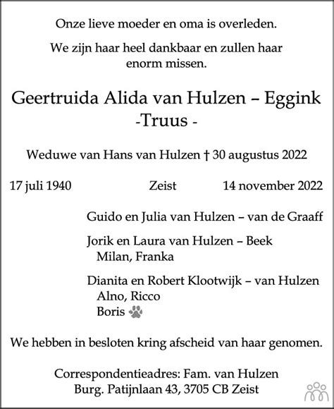 Geertruida Alida Truus Van Hulzen Eggink 14 11 2022