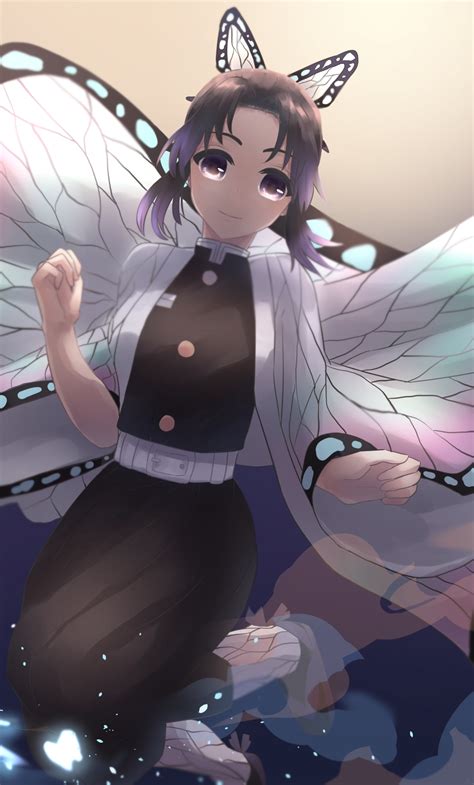 Demon Slayer Shinobu Kochou With Sword Under Purple Flowers With Black