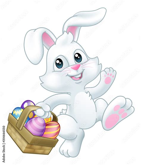 Easter Bunny Rabbit Cartoon Character Holding A Basket Full Of Painted
