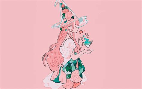 Pink Aesthetic Cartoon Witch In 2021 Pink Wallpaper Computer Witch