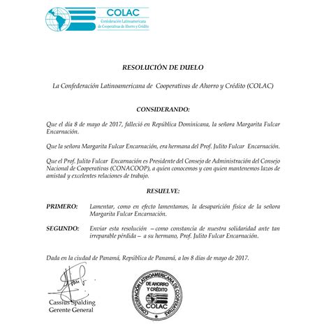 Resolución De Duelo Noticias Colac Confederación Latinoamericana