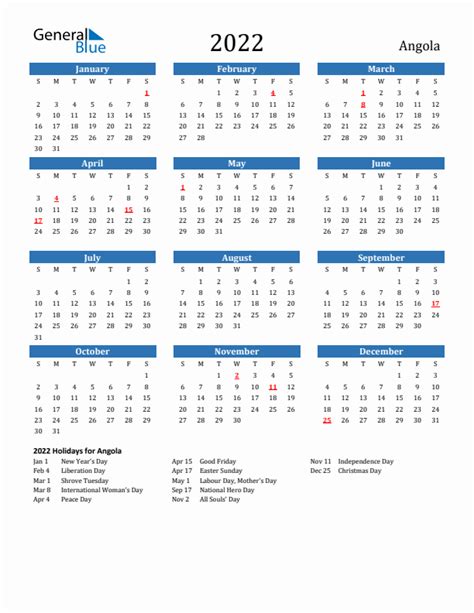 2022 Angola Calendar With Holidays