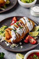 70+ simple recipes of chicken (kozhi, murg): Chicken Chimichanga on a plate. It's drizzled with sour ...