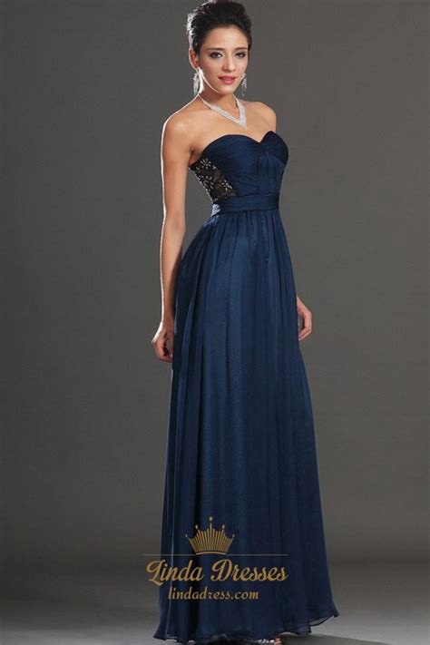 Navy Blue Strapless Embellished A Line Chiffon Floor Length Prom Dress