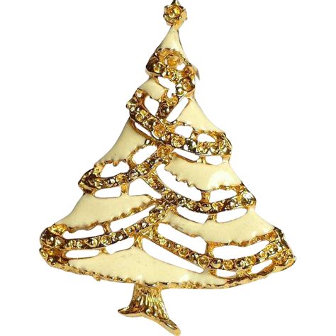 White Enamel Christmas Tree Brooch With Roping In 22k Gold Overlay