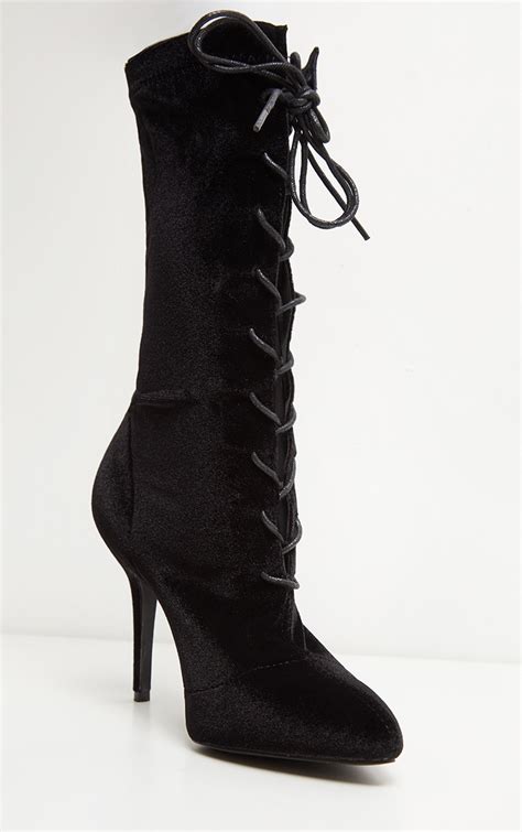 black velvet mid heel lace up ankle boot prettylittlething