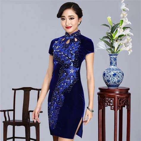 embroidery velvet short cheongsam dress mini qipao traditional chinese oriental dresses evening