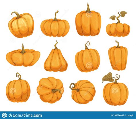 Cartoon Pumpkin Flat Icons Set Orange And Yellow Autumn Pumpkins Stock