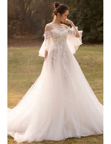 Beaded Lace Off Shoulder Empire Tulle Wedding Dress With Butterfly