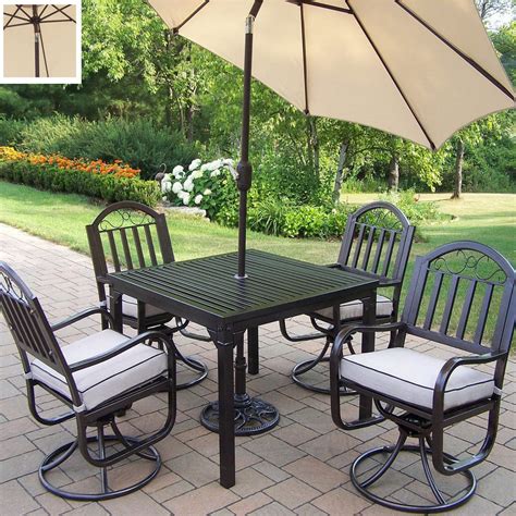 Mfstudio 5 piece black metal outdoor patio dining furniture set with 4 swivel chairs and 37 steel frame slat larger square table with 1.57 umbrella hole for indoor and outdoor, black. Shop Oakland Living 5-Piece Cushioned Wrought Iron Patio ...