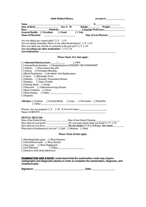 Adult Medical Health History Form Printable Pdf Download