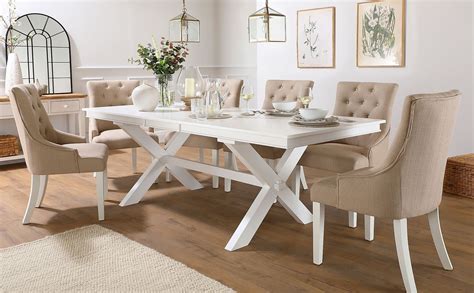 Grange White Extending Dining Table With Duke Oatmeal Fabric Chairs