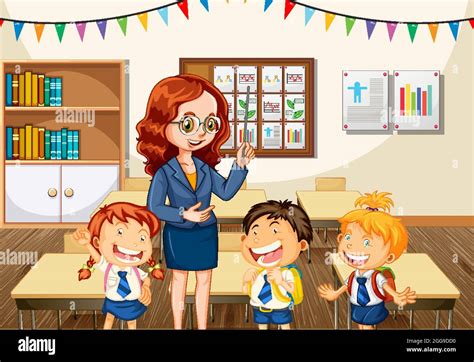 Teacher Teaching Students In The Classroom Scene Illustration Stock