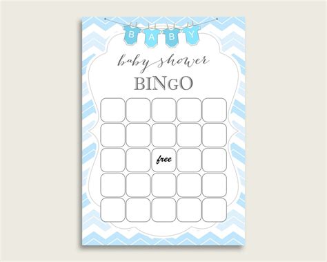 Have a go at our free printable baby shower bingo! Blue White Baby Shower Bingo Blank Game Printable, Chevron ...