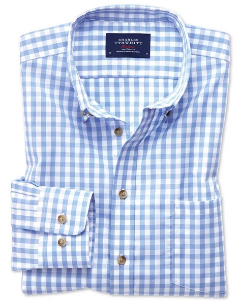 Slim fit button-down non-iron poplin sky blue gingham shirt | Blue gingham shirts, Gingham shirt ...