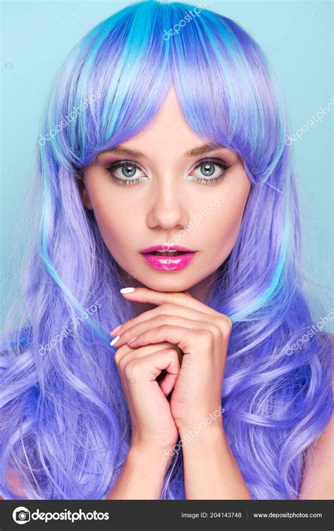Beautiful Young Woman Blue Hair Looking Camera Isolated Blue Stock