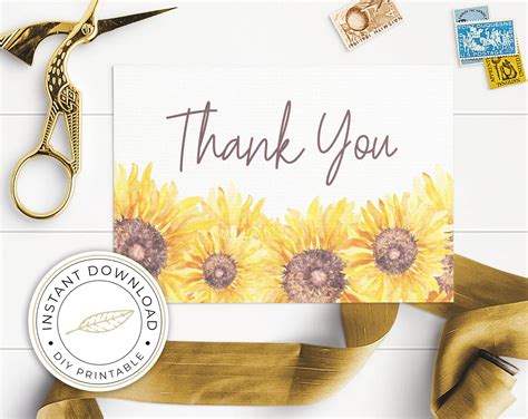 Sunflower Thank You Cards Template Printable Folded Tend And Etsy