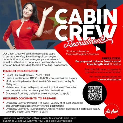November 28, 2017 admin qatar airways cabin crew walk in interview on 16 december 2017 at penang, malaysia ( all nationalities ) to be part of this winning team, you need to meet the following requirements: AirAsia Cabin Crew Recruitment - Jan 2018 Hanoi, Vietnam ...