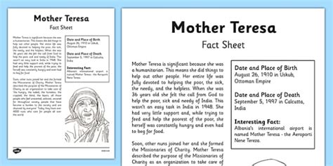 Mother Teresa Information Sheet Teacher Made Twinkl