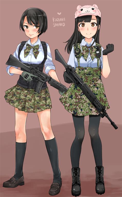 Safebooru 2girls Aohashi Ame Assault Rifle Bangs Black Eyes Black Footwear Black Gloves Black