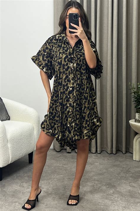 Alyssa Brown Leopard Print Plisse Pleated Frill Hem Shirt Dress Lasula