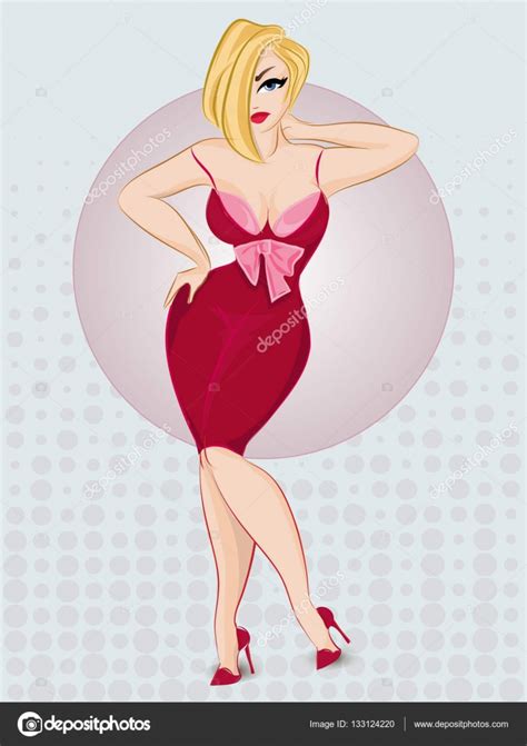 Beautiful Pin Up Sexy Woman Wearing Red Dress Pop Art Blonde Girl