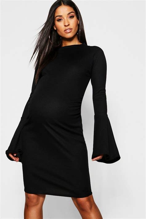 Boohoo Maternity Rib Flute Sleeve Bodycon Midi Dress In Black Lyst