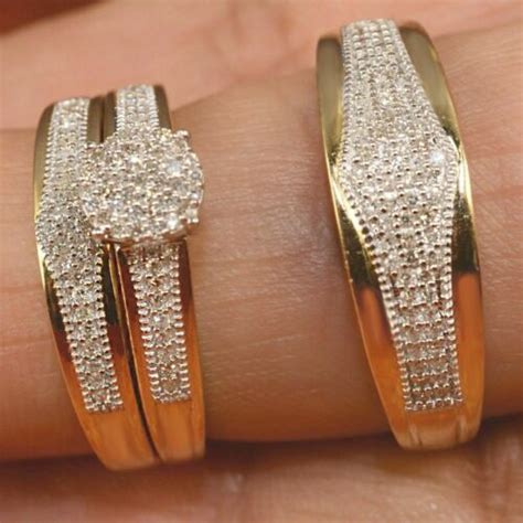 14k Yellow Gold Fn Diamond Bridal Engagement Ring His Her Trio Wedding
