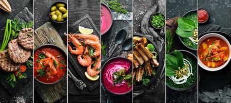 Collage De Alimentos Platos De Carne Y Pescado Y Verduras Sobre Fondo