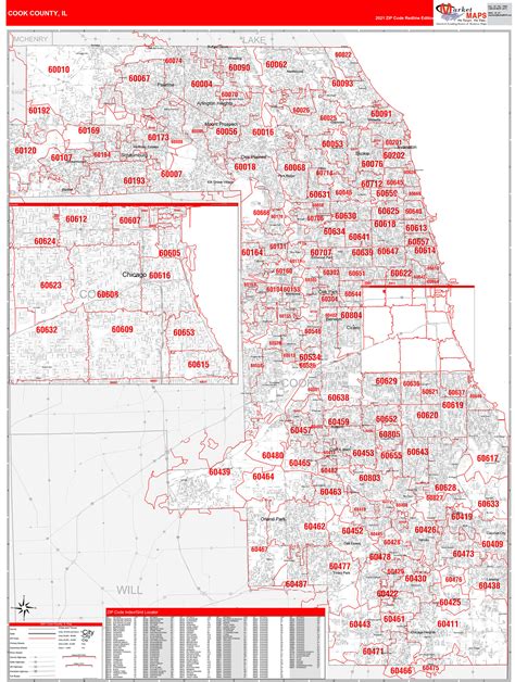 Cook County Il Zip Code Wall Map Red Line Style By Marketmaps Mapsales