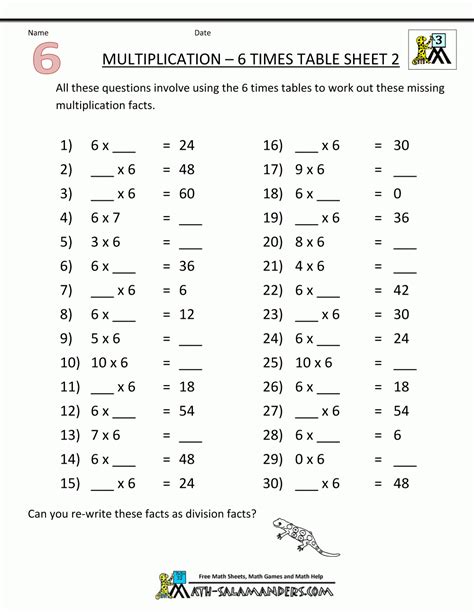 Multiplication Drill X6 Worksheet Multiplication Facts X6 Practice