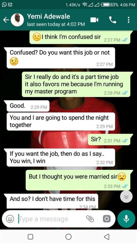 Lady Shares Screenshots Of Chat With Her Employer Who Demanded Sex To
